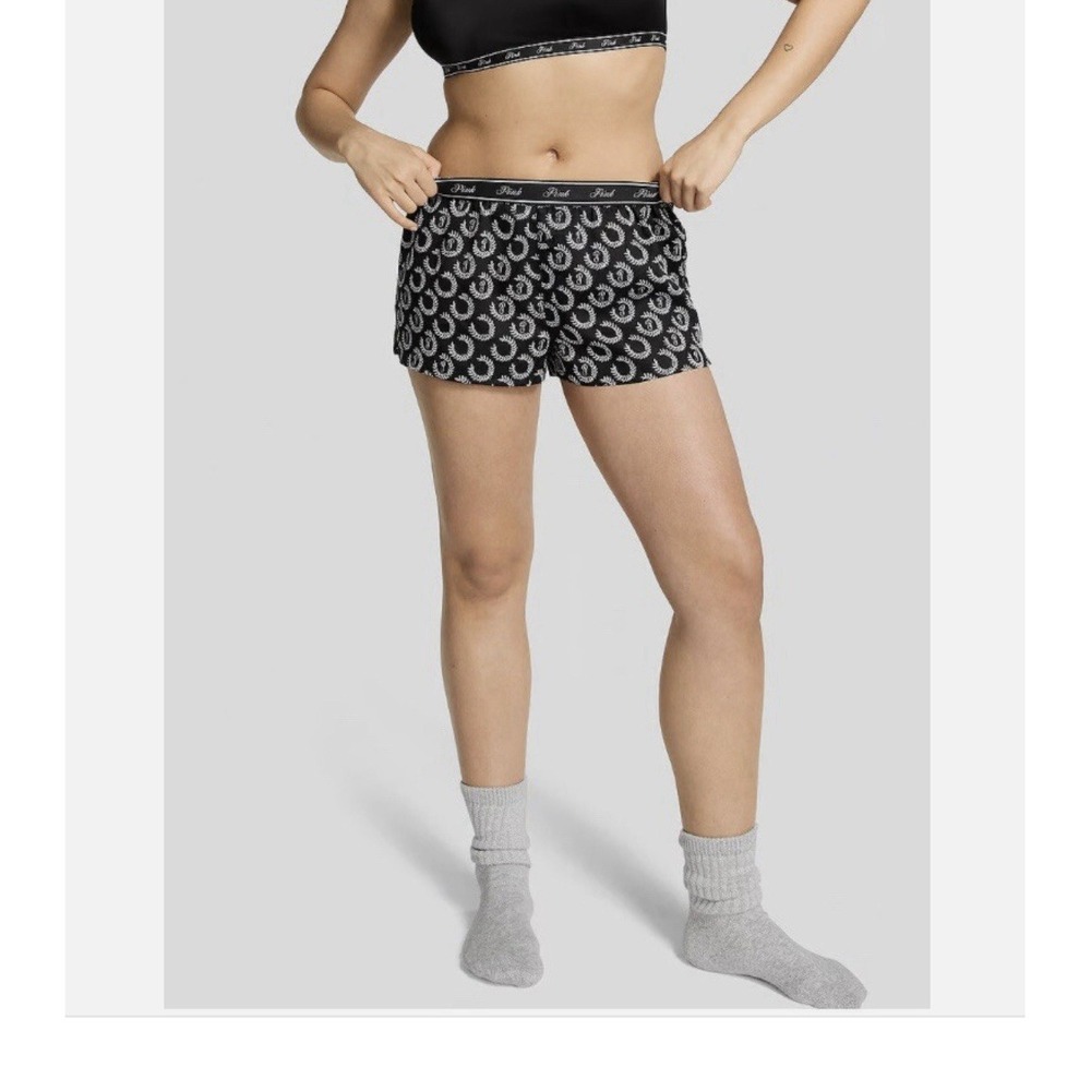 VS PINK Pure Black Allover White Logo TENCEL PJ Sleep Boxy Pajama Shorts XXL NEW
